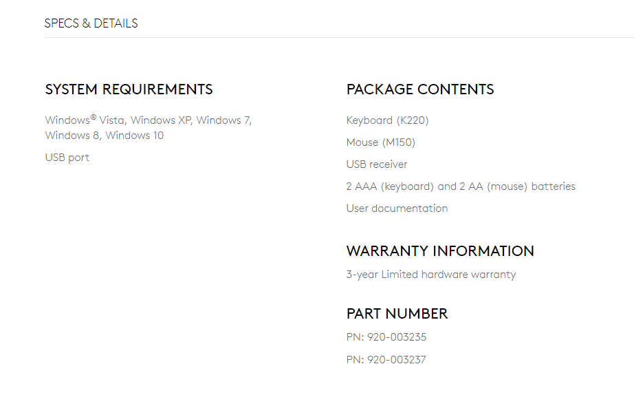 Specifications of the LOGITECH WIRELESS COMBO MK220